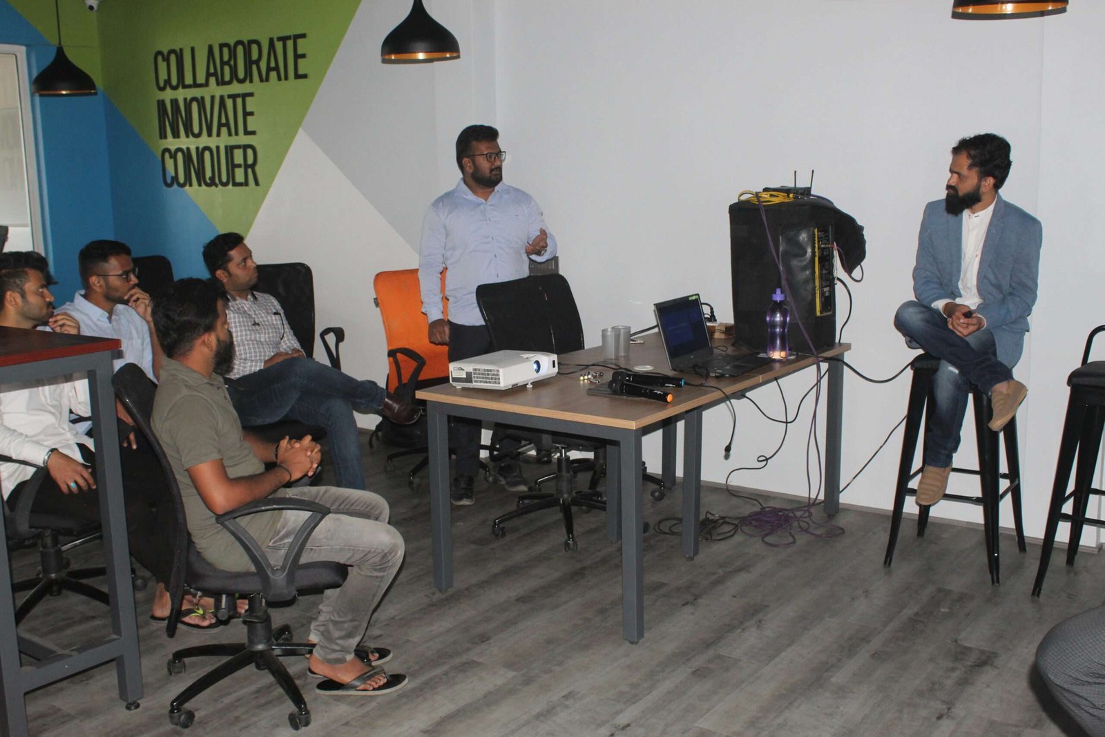 Modern coworking space with a professional work setup